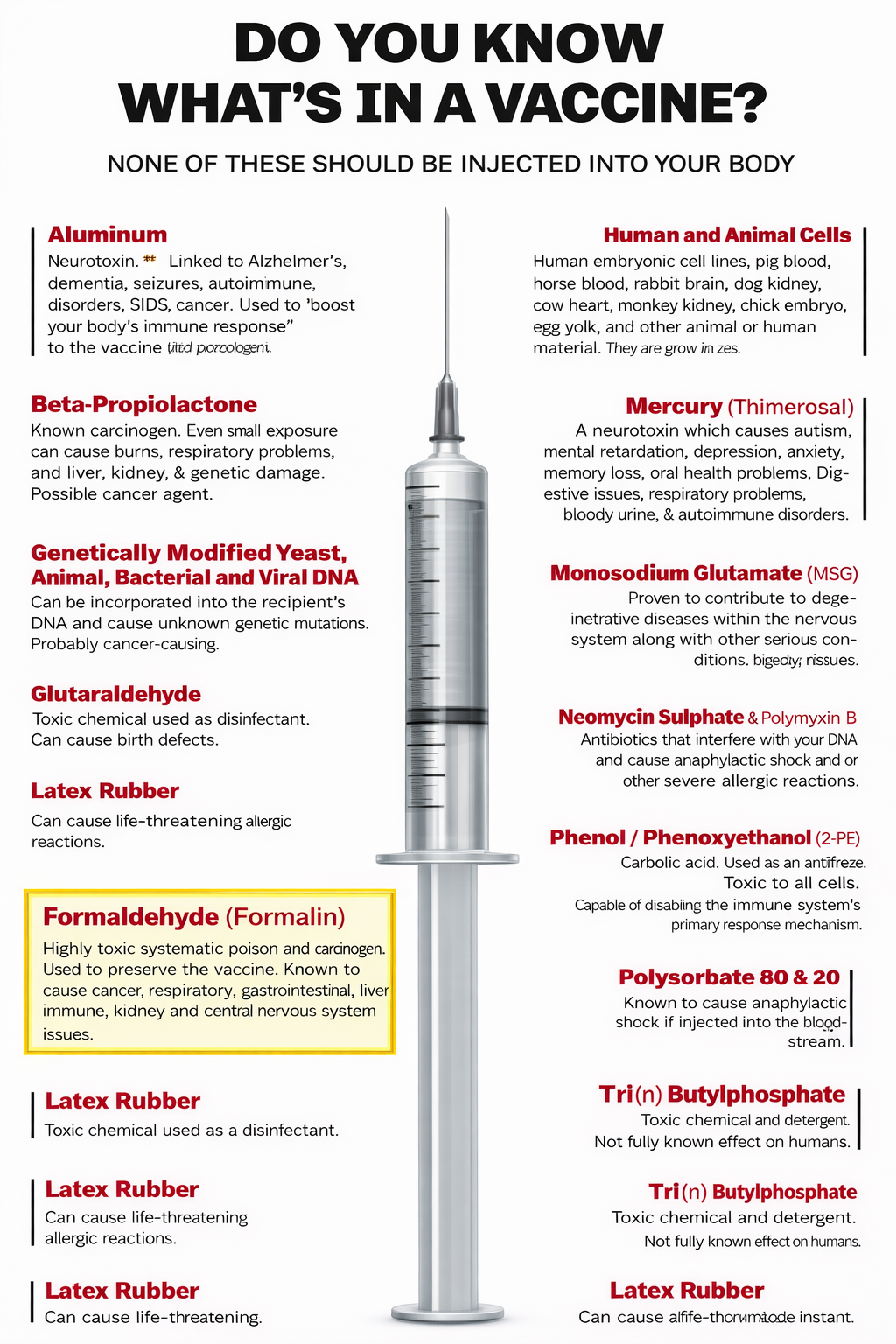 वैक्सीन के अंदर Aluminum, Formaldehyde, MSG, E.Coli
